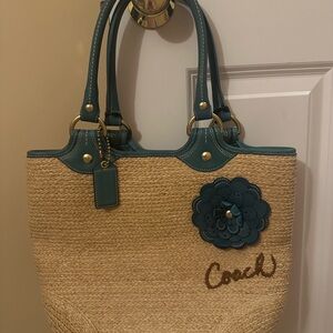 Coach Tan and Teal Tote Bag